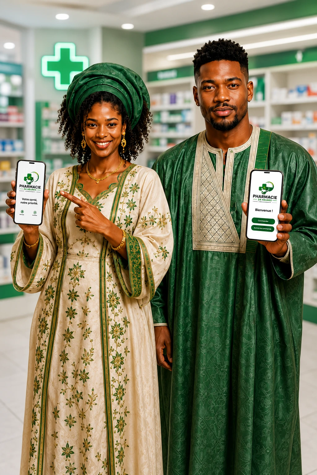 Ambassadeurs Pharmacie 24 Heures en tenue traditionnelle sénégalaise, tenant leur téléphone avec l’application ouverte